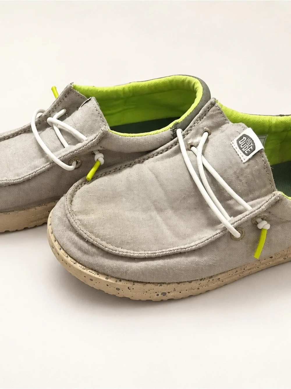 Hey Dude Kids Moccasins in Light Gray with Lime Interior